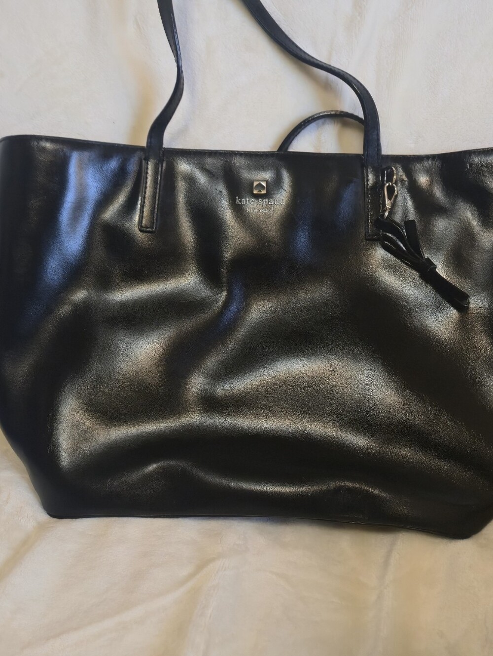 kate spade Black Leather Tote with Tassel Charm